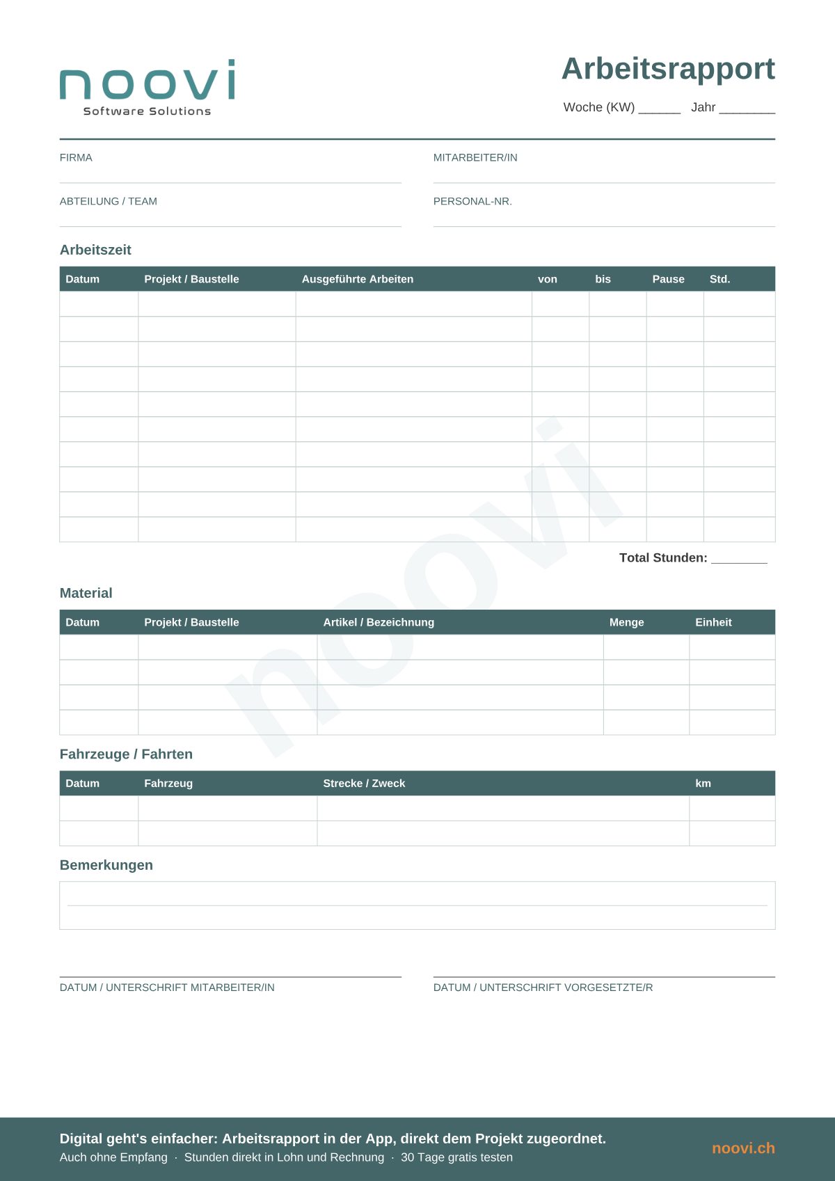 Vorschau der Arbeitsrapport-Vorlage von noovi mit Feldern für Arbeitszeit pro Projekt, Material, Fahrten und Unterschriften