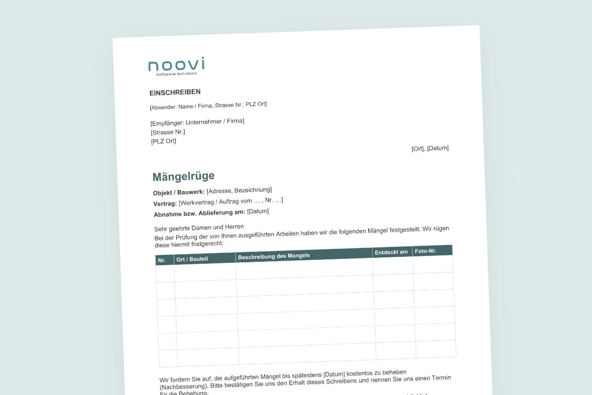 Vorschau der Mängelrüge-Vorlage von noovi als Word-Dokument mit Mängeltabelle