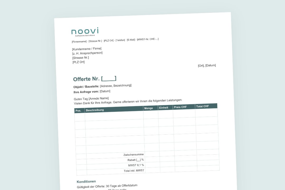 Vorschau der Offerte-Vorlage von noovi als Word-Dokument mit Positionen, MWST und Auftragsbestätigung