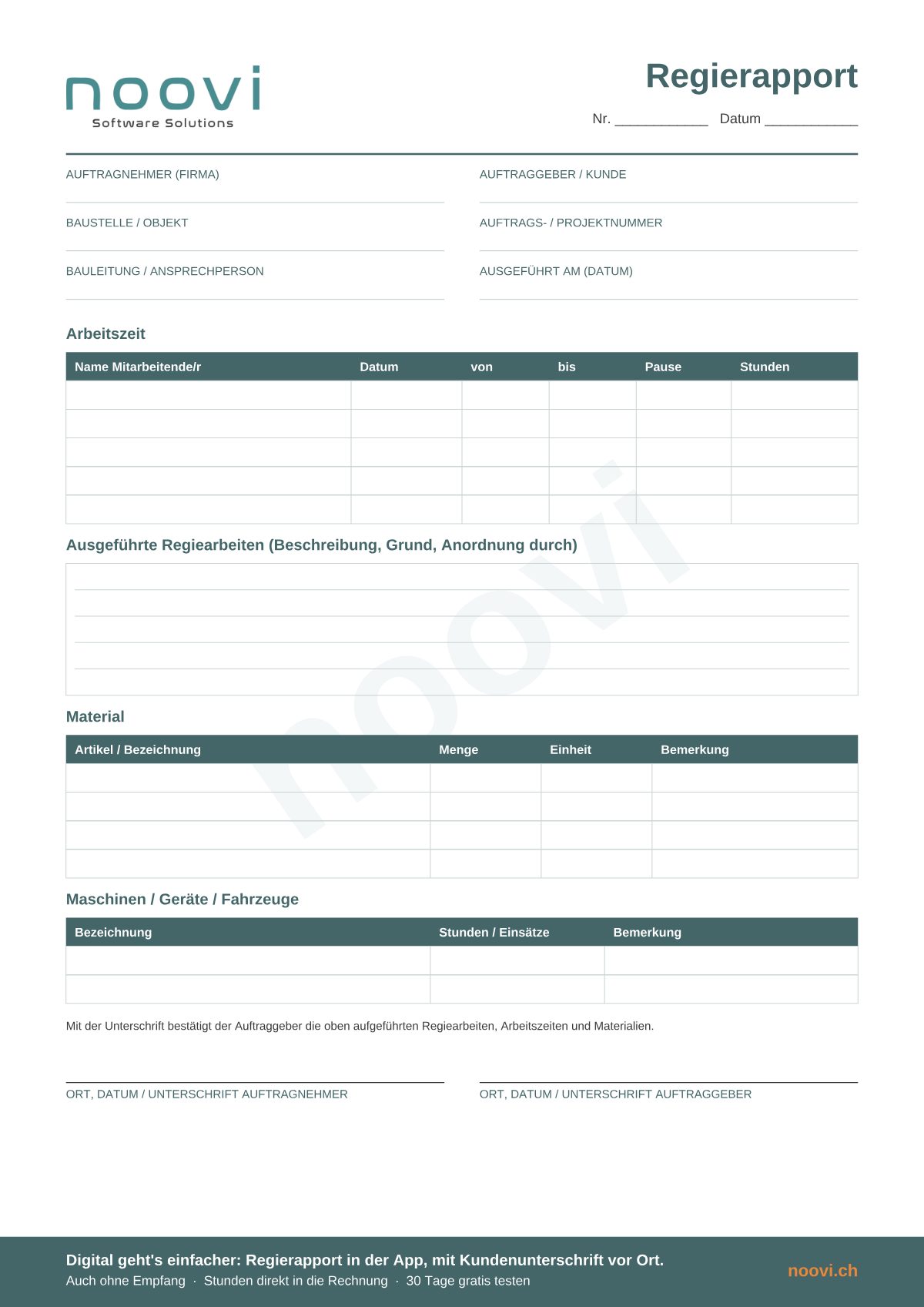 Vorschau der Regierapport-Vorlage von noovi mit Feldern für Arbeitszeit, Regiearbeiten, Material, Geräte und Unterschriften